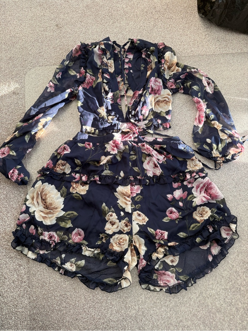 Navy Floral Ruffle Romper with Long Sleeves